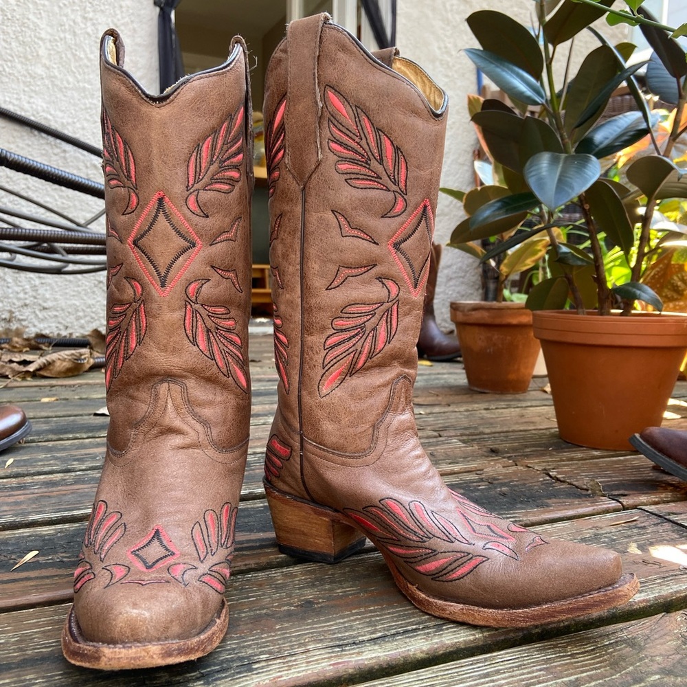 Circle G | Cowboy Boots brown leather pink black diamond embroidery 8.5 snip toe